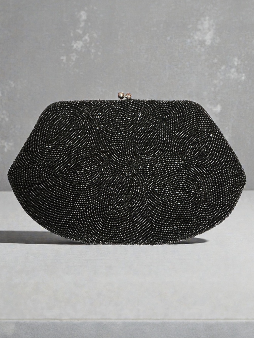 Vintage 1950’s Black Hand Beaded Sequin Evening Bag Handbag Clutch with Top Kiss